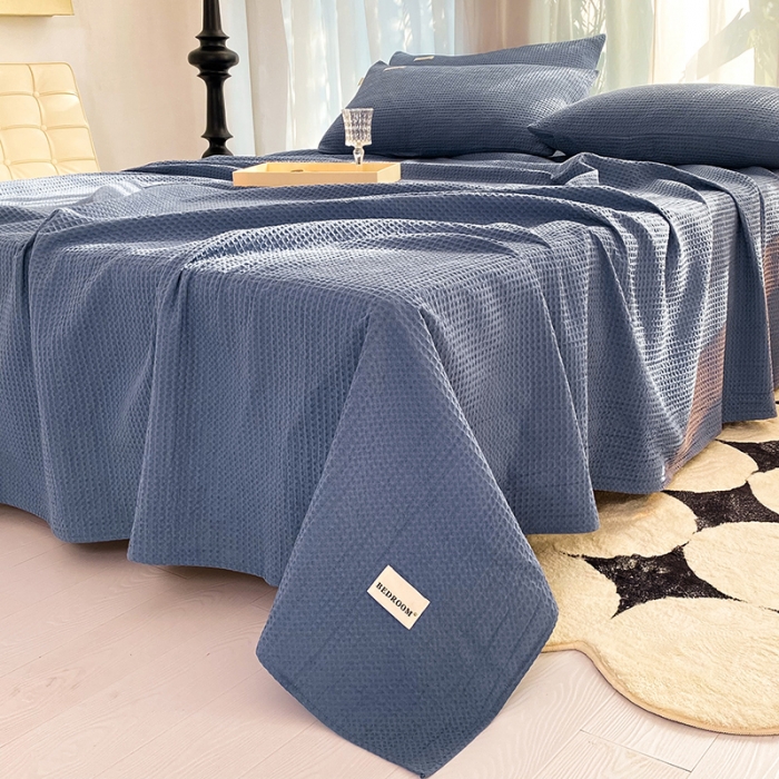 91家纺网 家纺一手货源 找家纺 眠博士 2023新款全棉华夫格床单三件套 天蓝