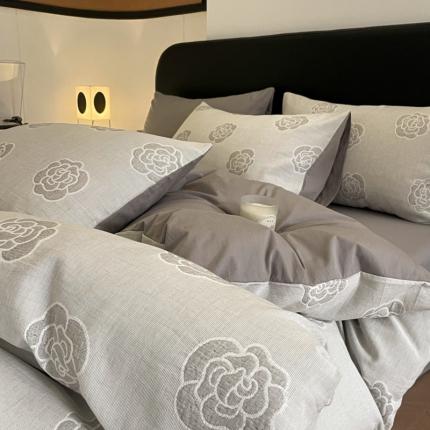 91家纺网 家纺一手货源 找家纺 （总）ab家纺 2023新款全棉色织水洗棉四件套-山茶花菱形格系列