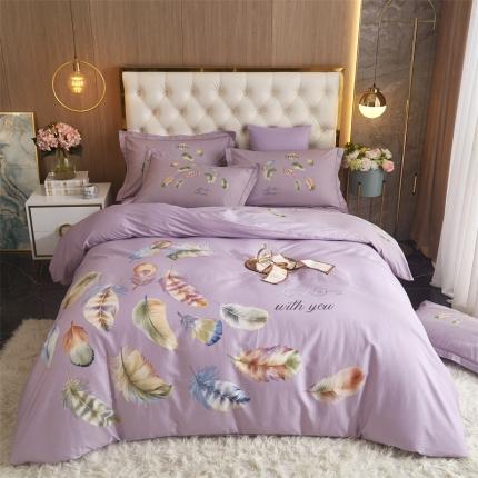 91家纺网 家纺一手货源 找家纺 曼秀琳 2023新款40s匹马棉印花系列四件套 春之物羽-紫