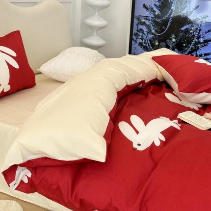 91家纺网 家纺一手货源 找家纺 昔可 2023新款13374活性印染全棉四件套-红兔子