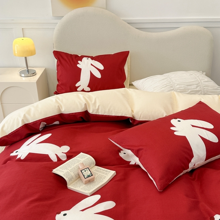 91家纺网 家纺一手货源 找家纺 昔可 2023新款13374活性印染全棉四件套-红兔子