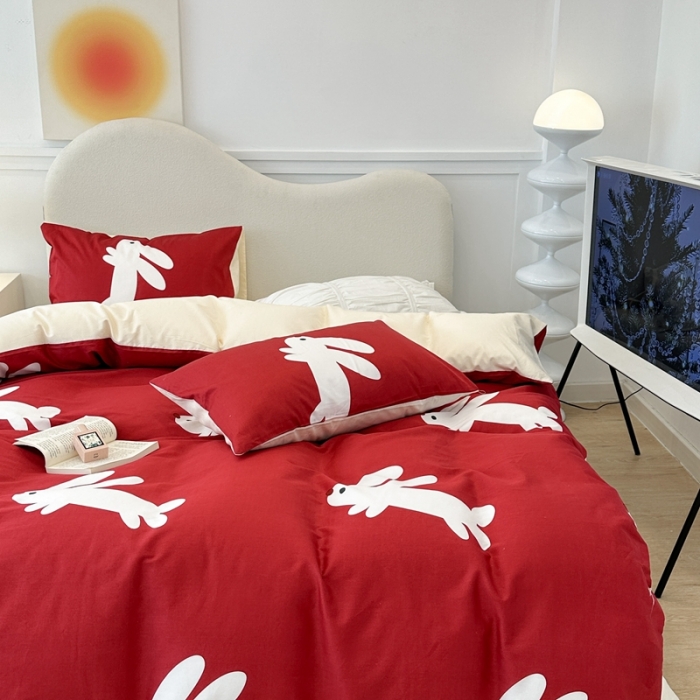 91家纺网 家纺一手货源 找家纺 昔可 2023新款13374活性印染全棉四件套-红兔子