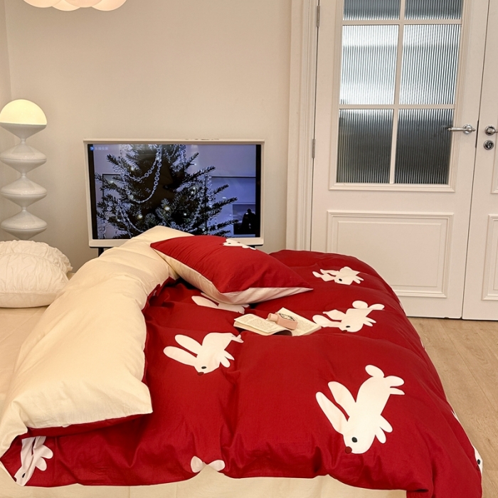 91家纺网 家纺一手货源 找家纺 昔可 2023新款13374活性印染全棉四件套-红兔子