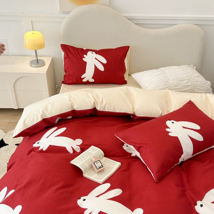 91家纺网 家纺一手货源 找家纺 昔可 2023新款13374活性印染全棉四件套-红兔子