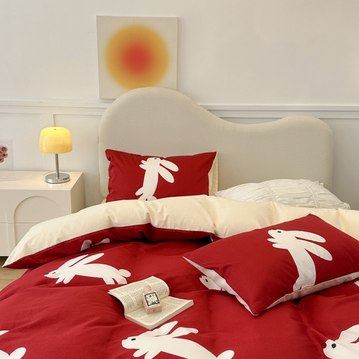 91家纺网 家纺一手货源 找家纺 昔可 2023新款13374活性印染全棉四件套-红兔子