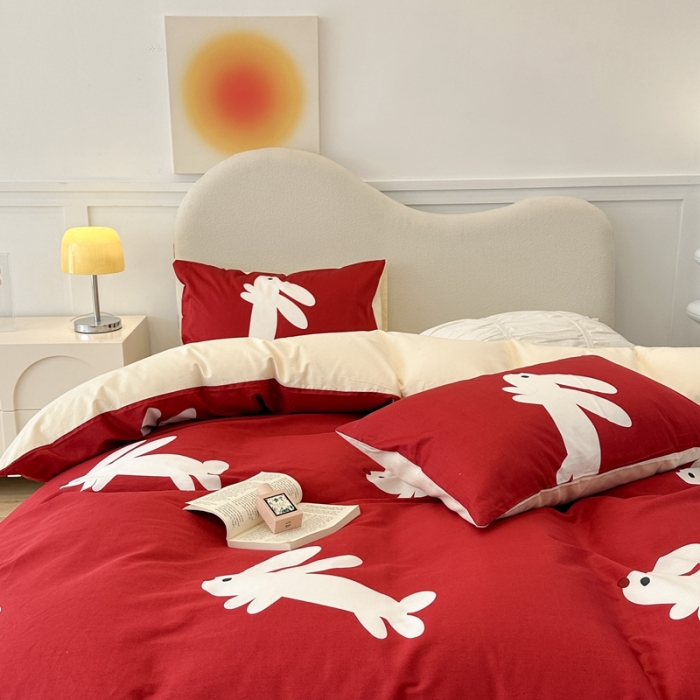 91家纺网 家纺一手货源 找家纺 昔可 2023新款13374活性印染全棉四件套-红兔子