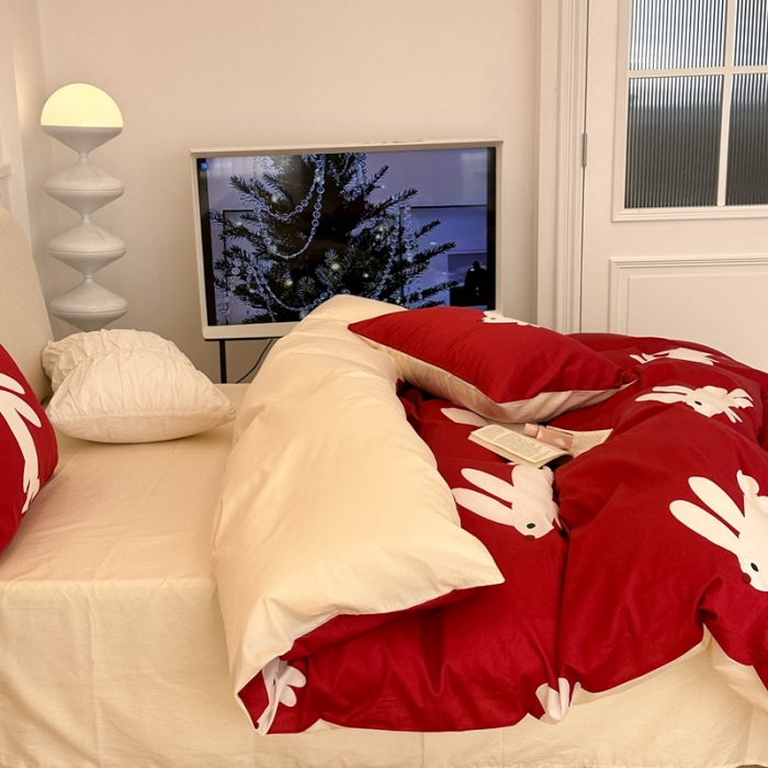 91家纺网 家纺一手货源 找家纺 昔可 2023新款13374活性印染全棉四件套-红兔子