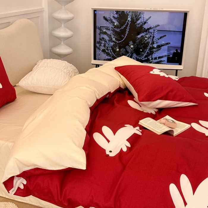 91家纺网 家纺一手货源 找家纺 昔可 2023新款13374活性印染全棉四件套-红兔子