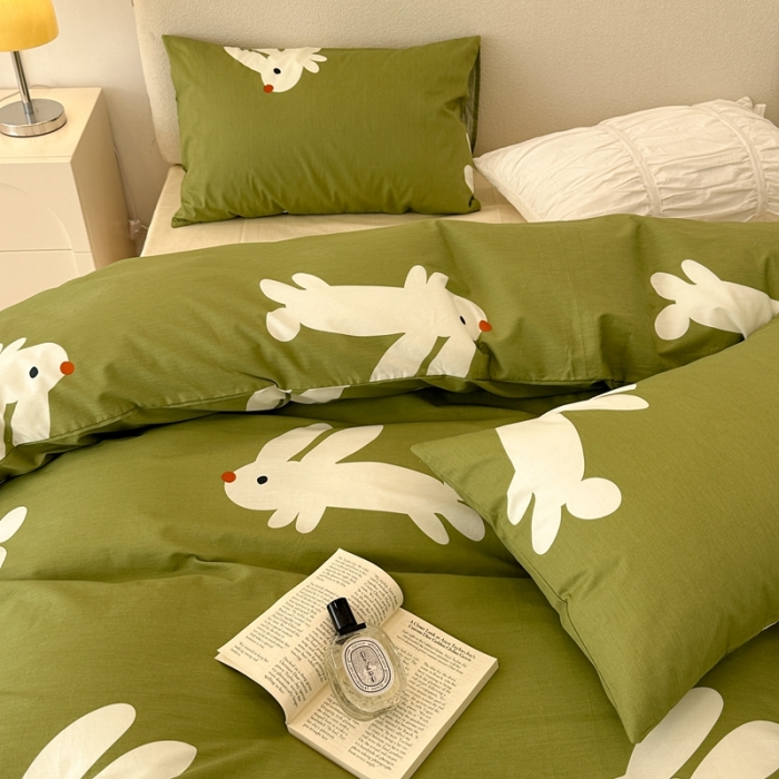 91家纺网 家纺一手货源 找家纺 昔可 2023新款13372活性印染全棉四件套-绿兔子