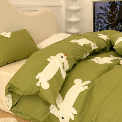 昔可 2023新款13372活性印染全棉四件套-绿兔子