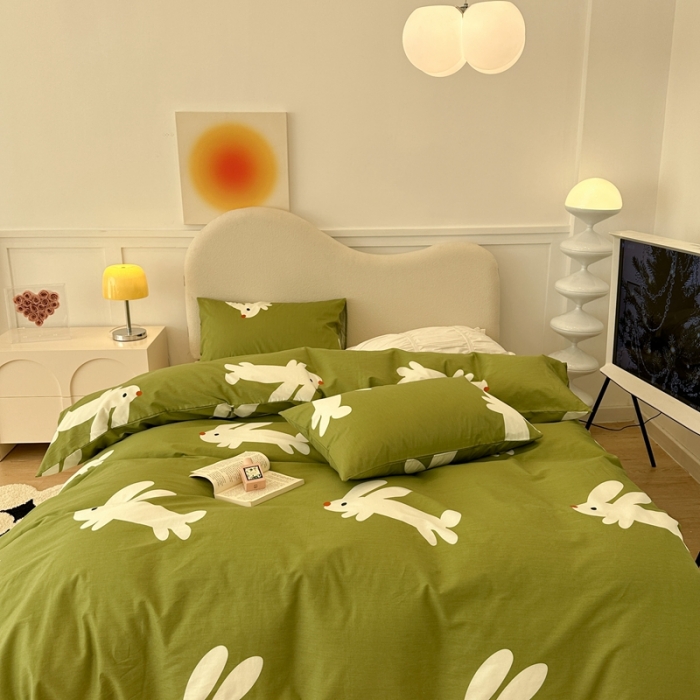 91家纺网 家纺一手货源 找家纺 昔可 2023新款13372活性印染全棉四件套-绿兔子