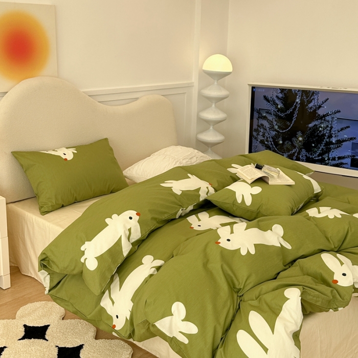 91家纺网 家纺一手货源 找家纺 昔可 2023新款13372活性印染全棉四件套-绿兔子