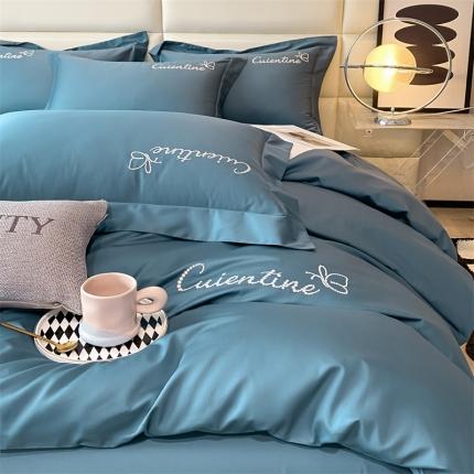 91家纺网 家纺一手货源 找家纺 安力森/诚臻酒店用品 2023新款全棉轻奢刺绣初恋纯色酒店风四件套 宾利蓝