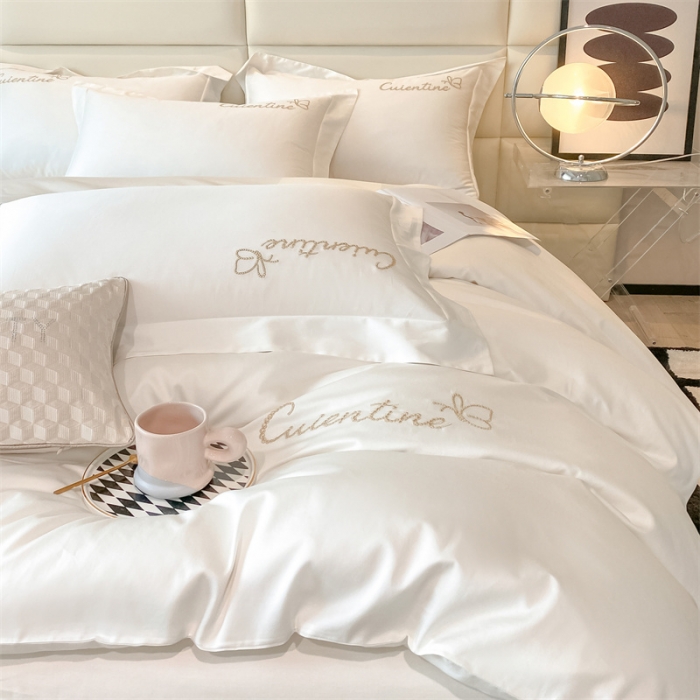 91家纺网 家纺一手货源 找家纺 安力森/诚臻酒店用品 2023新款全棉轻奢刺绣初恋纯色酒店风四件套 本白