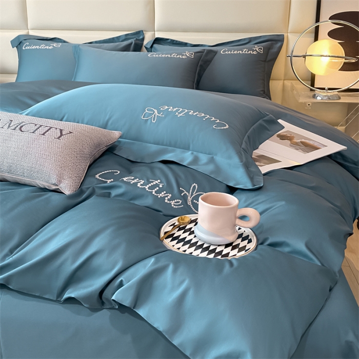 91家纺网 家纺一手货源 找家纺 安力森/诚臻酒店用品 2023新款全棉轻奢刺绣初恋纯色酒店风四件套 宾利蓝