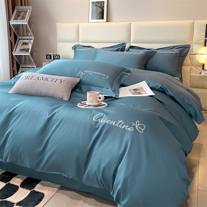 91家纺网 家纺一手货源 找家纺 安力森/诚臻酒店用品 2023新款全棉轻奢刺绣初恋纯色酒店风四件套 宾利蓝