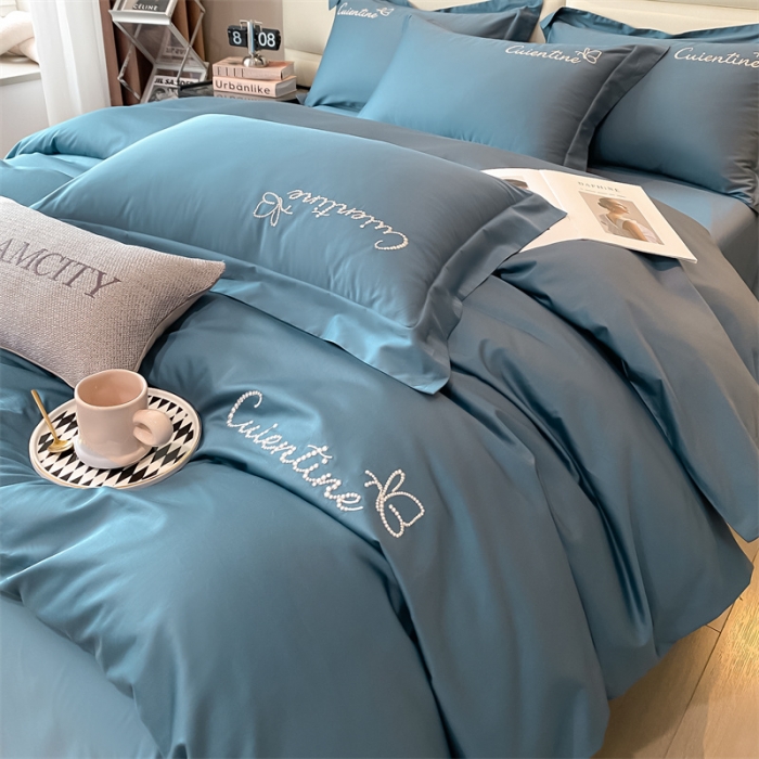 91家纺网 家纺一手货源 找家纺 安力森/诚臻酒店用品 2023新款全棉轻奢刺绣初恋纯色酒店风四件套 宾利蓝