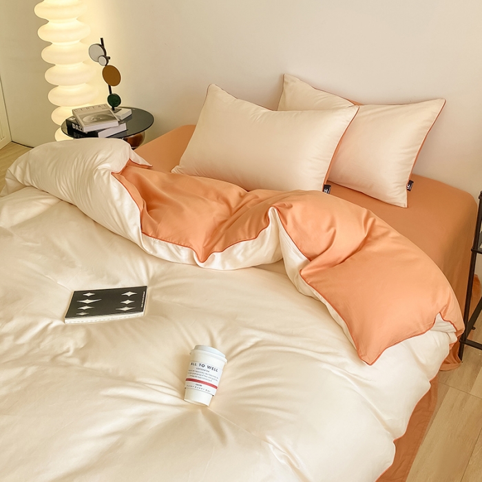 91家纺网 家纺一手货源 找家纺 安力森/诚臻酒店用品 2023新款经典纯棉倾呐双拼AB款四件套 奶昔白-南瓜橘