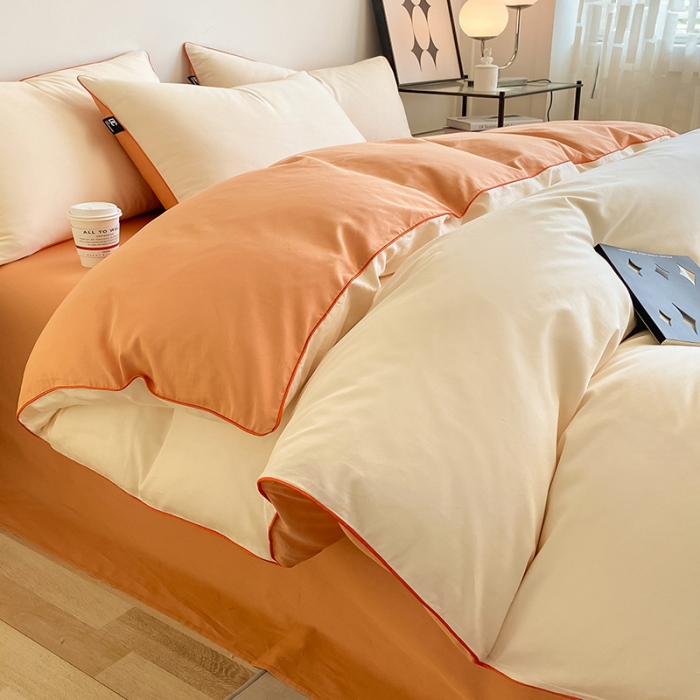 91家纺网 家纺一手货源 找家纺 安力森/诚臻酒店用品 2023新款经典纯棉倾呐双拼AB款四件套 奶昔白-南瓜橘
