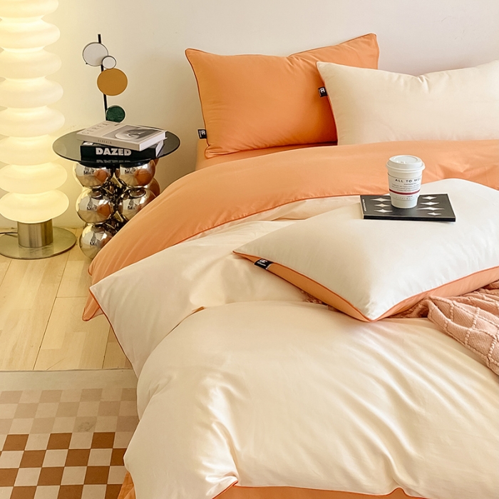 91家纺网 家纺一手货源 找家纺 安力森/诚臻酒店用品 2023新款经典纯棉倾呐双拼AB款四件套 奶昔白-南瓜橘