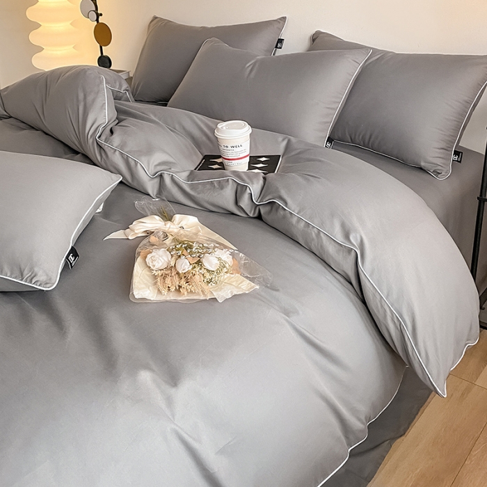 91家纺网 家纺一手货源 找家纺 安力森/诚臻酒店用品 2023新款经典纯棉倾呐双拼AB款四件套 中灰