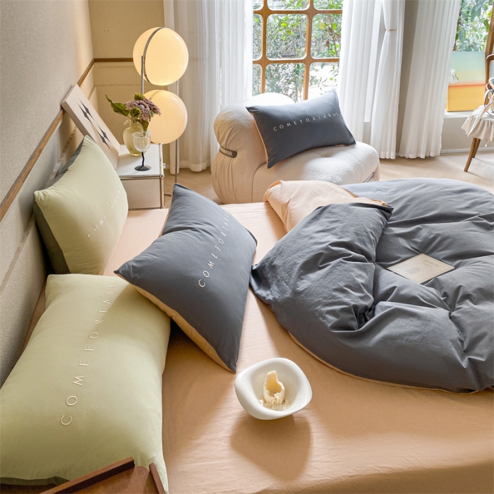 91家纺网 家纺一手货源 找家纺 蓝巢家纺 2023新款全棉水洗棉素写系列四件套 素写中灰