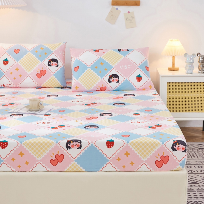 91家纺网 家纺一手货源 找家纺 首爱家纺 2025新款加厚全棉床笠床垫席梦思保护套 草莓女孩