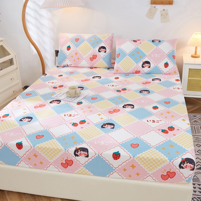 91家纺网 家纺一手货源 找家纺 首爱家纺 2025新款加厚全棉床笠床垫席梦思保护套 草莓女孩