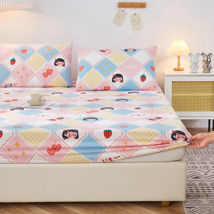 91家纺网 家纺一手货源 找家纺 首爱家纺 2025新款加厚全棉床笠床垫席梦思保护套 草莓女孩