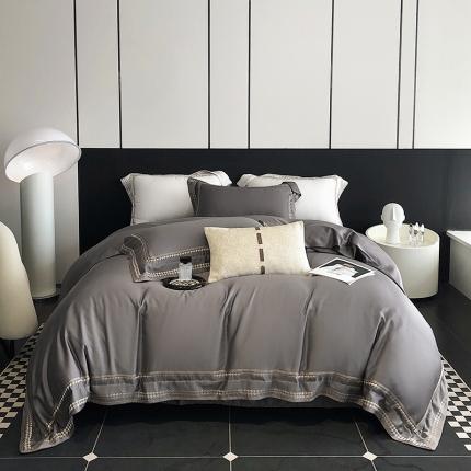 91家纺网 家纺一手货源 找家纺 （总）娇逸家居 2025新款千鸟格绣花花边60支纯色天丝四件套-格伦系列