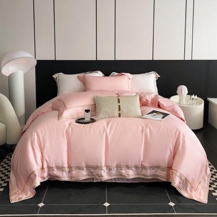 91家纺网 家纺一手货源 找家纺 （总）娇逸家居 2025新款千鸟格绣花花边60支纯色天丝四件套-格伦系列