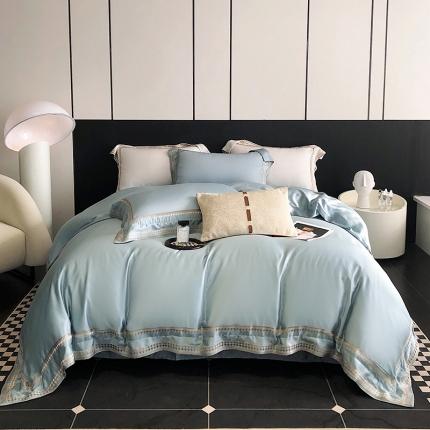 91家纺网 家纺一手货源 找家纺 娇逸家居 2025新款千鸟格绣花花边60支纯色天丝四件套-格伦系列 格伦-月白蓝