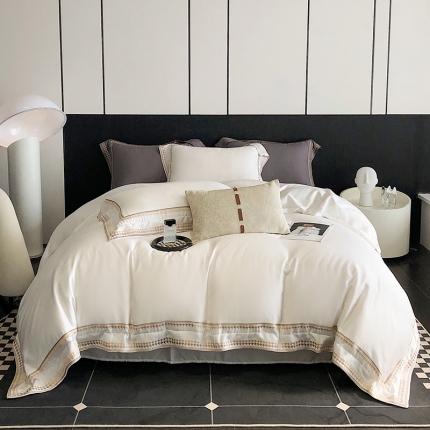 91家纺网 家纺一手货源 找家纺 娇逸家居 2025新款千鸟格绣花花边60支纯色天丝四件套-格伦系列 格伦-云溪白