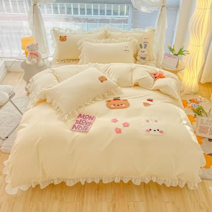 91家纺网 家纺一手货源 找家纺 我心 2023新款毛巾绣四件套-萌兔系列 小兔与熊-米