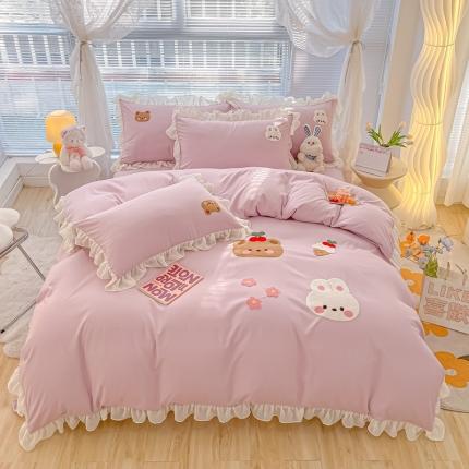 91家纺网 家纺一手货源 找家纺 我心 2023新款毛巾绣四件套-萌兔系列 小兔与熊-紫