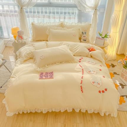 91家纺网 家纺一手货源 找家纺 我心 2023新款毛巾绣四件套-萌兔系列 花儿兔-米