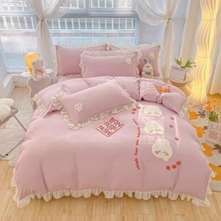 91家纺网 家纺一手货源 找家纺 我心 2023新款毛巾绣四件套-萌兔系列 花儿兔-紫