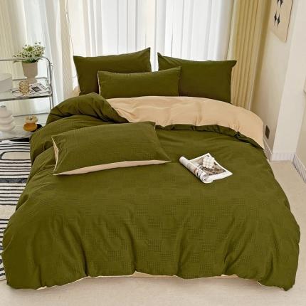 91家纺网 家纺一手货源 找家纺 娜娜 2023新款全棉水洗棉华夫格四件套 华夫格-橄榄绿