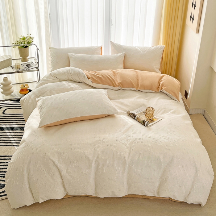 91家纺网 家纺一手货源 找家纺 娜娜 2023新款全棉水洗棉华夫格四件套 华夫格-白咖