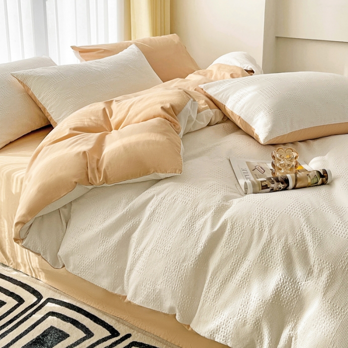 91家纺网 家纺一手货源 找家纺 娜娜 2023新款全棉水洗棉华夫格四件套 华夫格-白咖