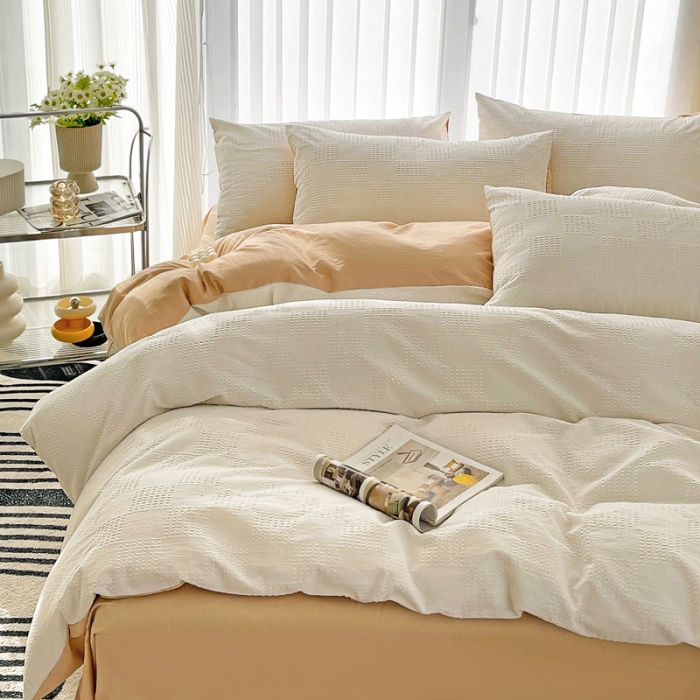 91家纺网 家纺一手货源 找家纺 娜娜 2023新款全棉水洗棉华夫格四件套 华夫格-白咖