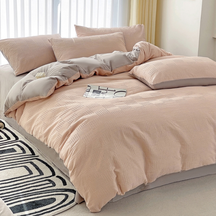 91家纺网 家纺一手货源 找家纺 娜娜 2023新款全棉水洗棉华夫格四件套 华夫格-淡粉