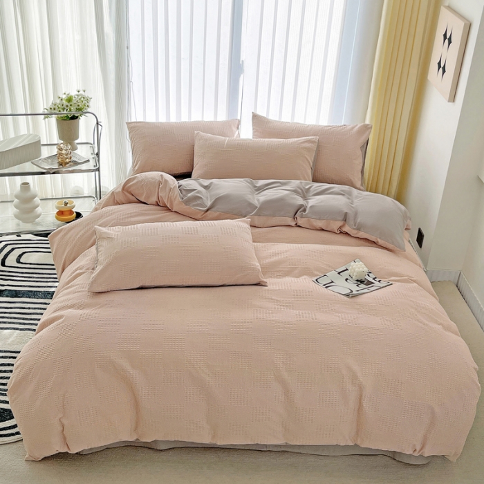 91家纺网 家纺一手货源 找家纺 娜娜 2023新款全棉水洗棉华夫格四件套 华夫格-淡粉