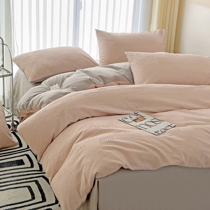 91家纺网 家纺一手货源 找家纺 娜娜 2023新款全棉水洗棉华夫格四件套 华夫格-淡粉