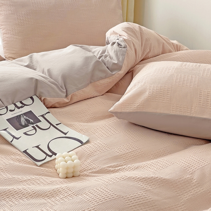 91家纺网 家纺一手货源 找家纺 娜娜 2023新款全棉水洗棉华夫格四件套 华夫格-淡粉