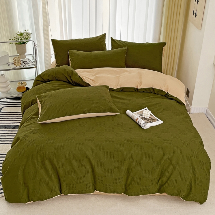 91家纺网 家纺一手货源 找家纺 娜娜 2023新款全棉水洗棉华夫格四件套 华夫格-橄榄绿