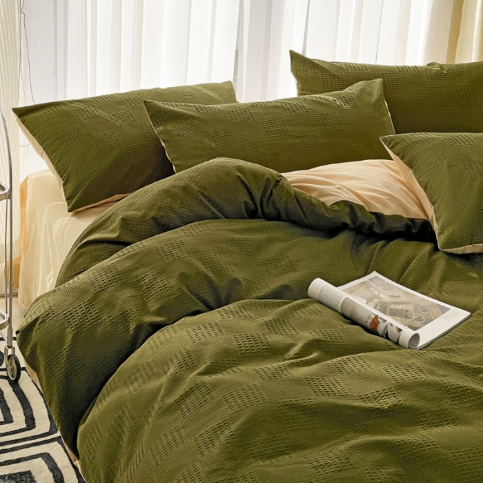 91家纺网 家纺一手货源 找家纺 娜娜 2023新款全棉水洗棉华夫格四件套 华夫格-橄榄绿