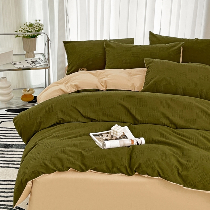 91家纺网 家纺一手货源 找家纺 娜娜 2023新款全棉水洗棉华夫格四件套 华夫格-橄榄绿