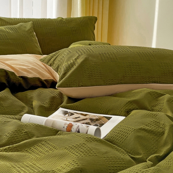 91家纺网 家纺一手货源 找家纺 娜娜 2023新款全棉水洗棉华夫格四件套 华夫格-橄榄绿