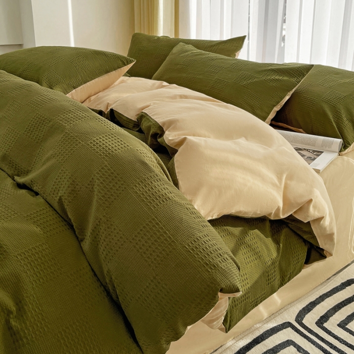 91家纺网 家纺一手货源 找家纺 娜娜 2023新款全棉水洗棉华夫格四件套 华夫格-橄榄绿